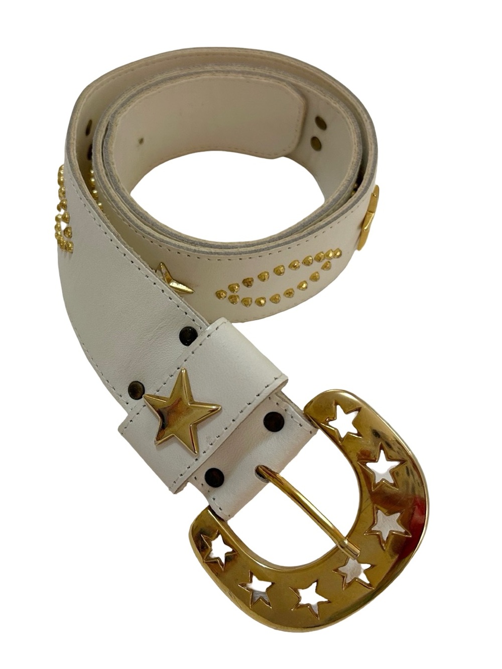 Small Vintage 1980’s White Leather STAR Belt Gold Studs Retro Galaxy Fairycore